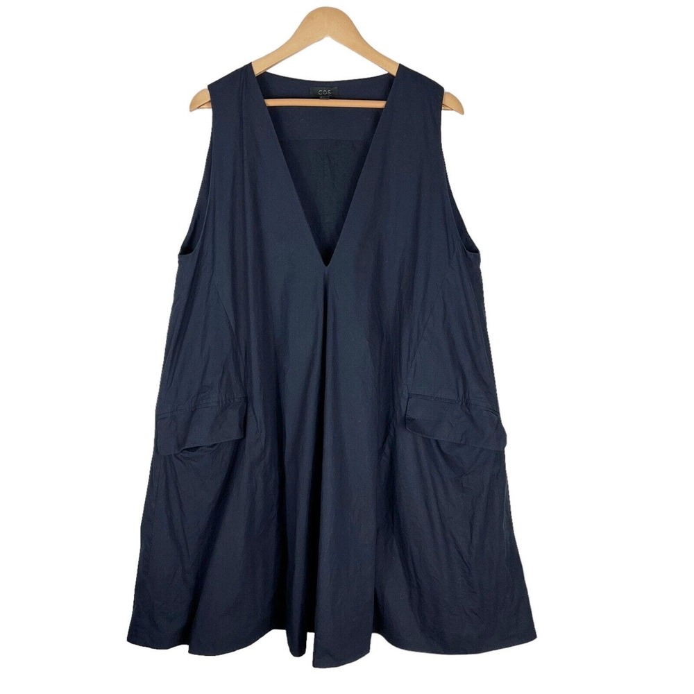 COS V-Neck A-Line Sleeveless Dress Women's 12 Blue Pockets